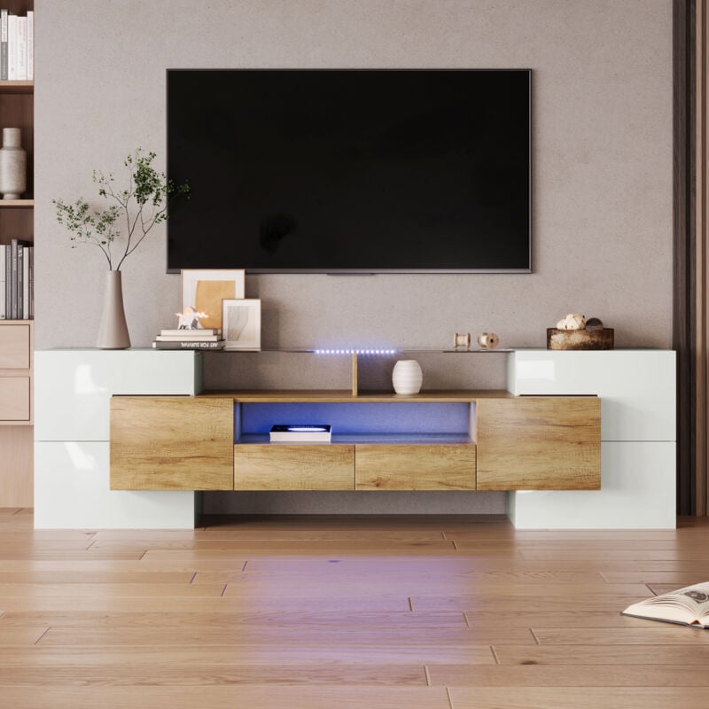 foto del prodotto redom elegante mobile tv, credenza bassa. mobile soggiorno bianco lucido, 200 cm, illuminazione led. design moderno. superficie in vetro naturale