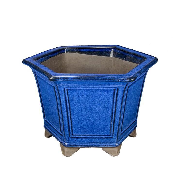 foto del prodotto vaso bonsai smaltato esagonale blu 40 cm.