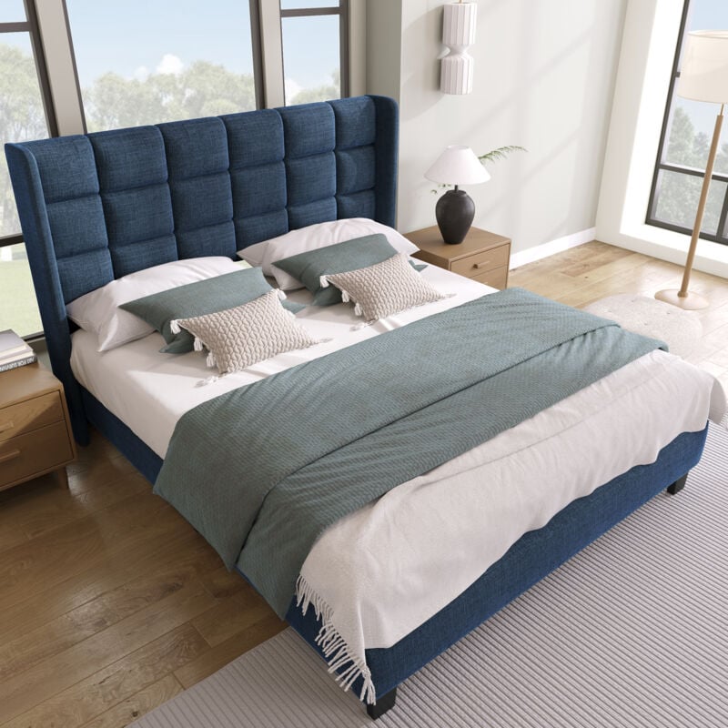 foto del prodotto letti matrimoniale per adulti bambini 140x200cm, rete a doghe, lino, senza materasso, blu navy