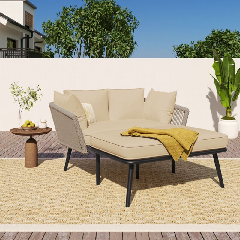 foto del prodotto salotti da giardino 120x130x67cm divano letto con cuscini, mobili giardino, metallo poliestere, beige scuro