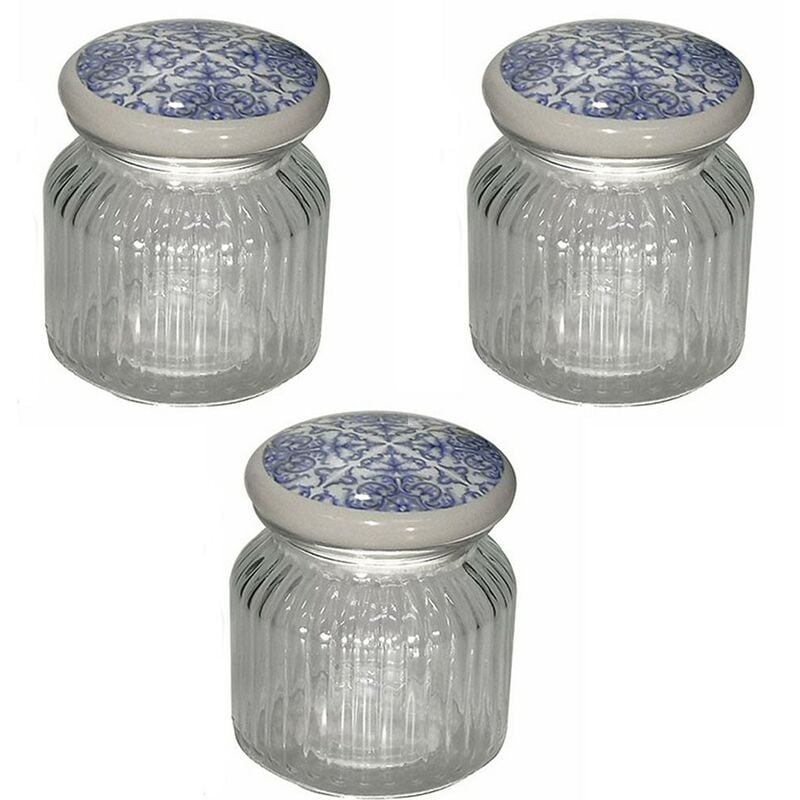 foto del prodotto cosedacasa tris barattoli contenitori porta sale zucchero caff in blu per casa cucina vetro con tappo ceramica decorato moderno vintage