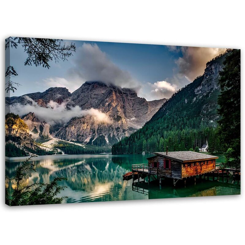 foto del prodotto gbshop stampa su tela capanna al lago di montagna dolomiti 60x40