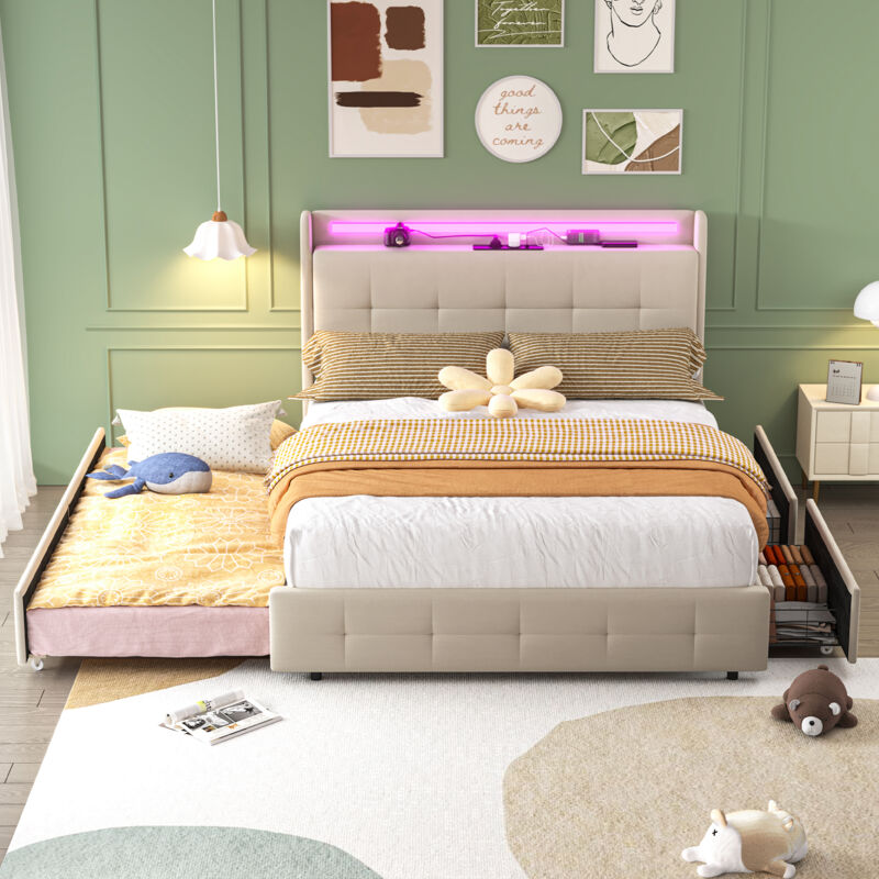 foto del prodotto letti per adulti matrimoniale, usb, led, 2 cassetti, letto estraibile, legno, velluto, senza materasso, 160x200 cm, beige