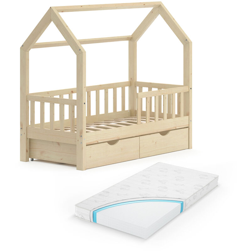 foto del prodotto letto montessori bambini wiki, legno naturale, 70x140 cm con cassetti e materasso vitalispa