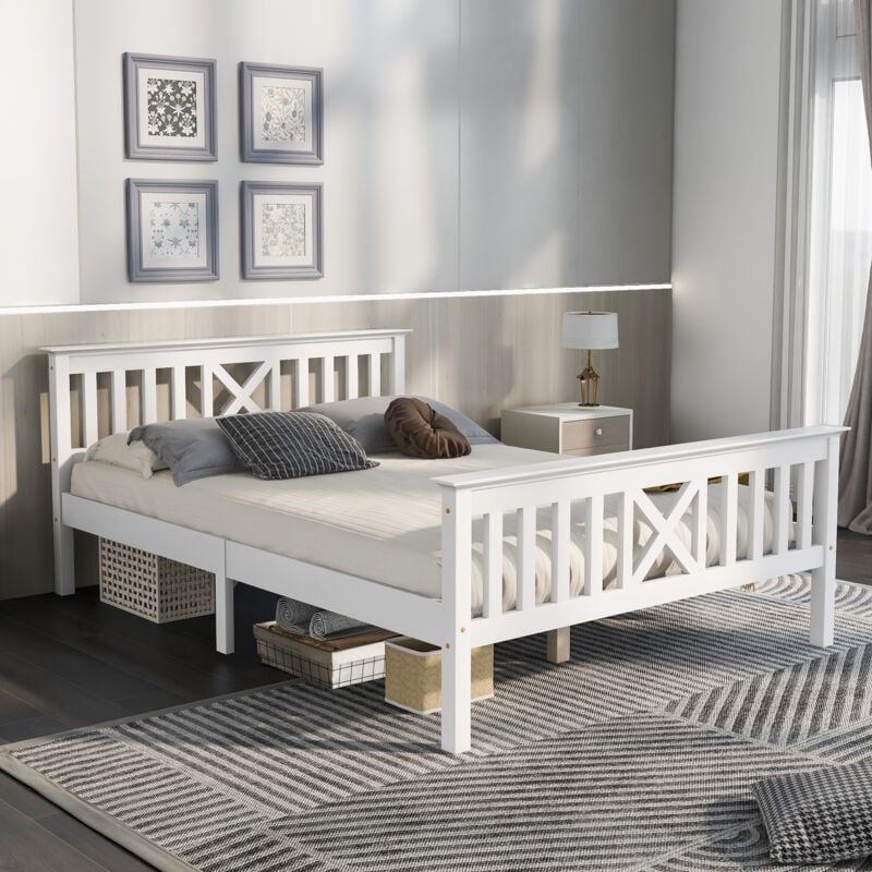 foto del prodotto letti matrimoniale per adulti bambini 140x200 cm, rete a doghe, legno, senza materasso, bianco