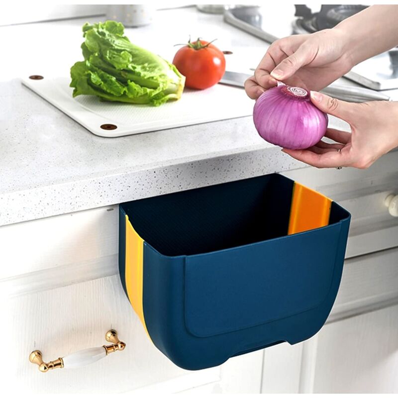 foto del prodotto mini cestino pieghevole appeso, cestino pieghevole sotto il lavandino, cestino pieghevole montato a parete 3l blu giallo 
