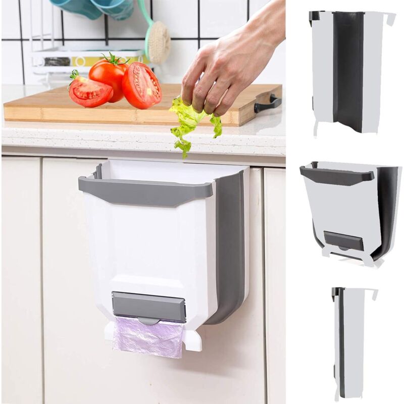 foto del prodotto pattumiera pieghevole da cucina sospesa da 2,4 galloni, pattumiera pieghevole in plastica piccola da 10 litri, bianca