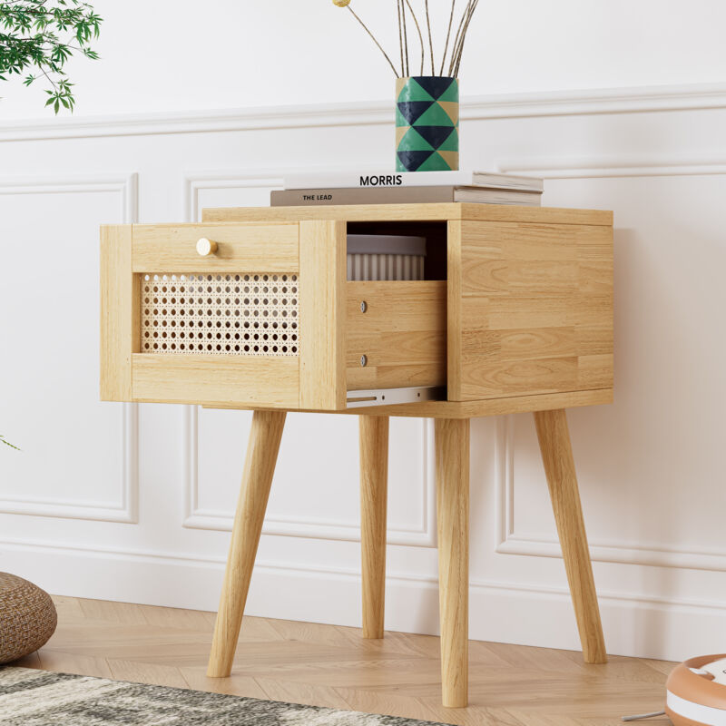 immagine 0 del prodotto okwish comodino classico con un cassetto, con piano in rattan, con maniglia in metallo dorato e lunghe gambe in legno, spazio per riporre oggetti