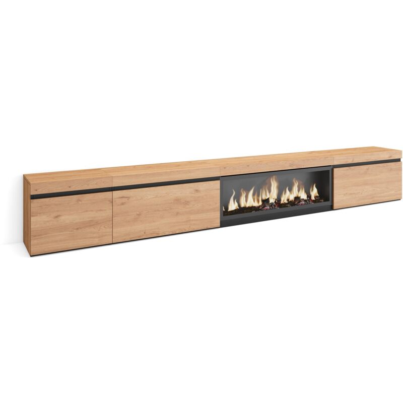 foto del prodotto mobile tv soggiorno, ampio spazio a disposizione, 317x45x35 cm, camino elettrico xxl, stile moderno, rovere skraut home
