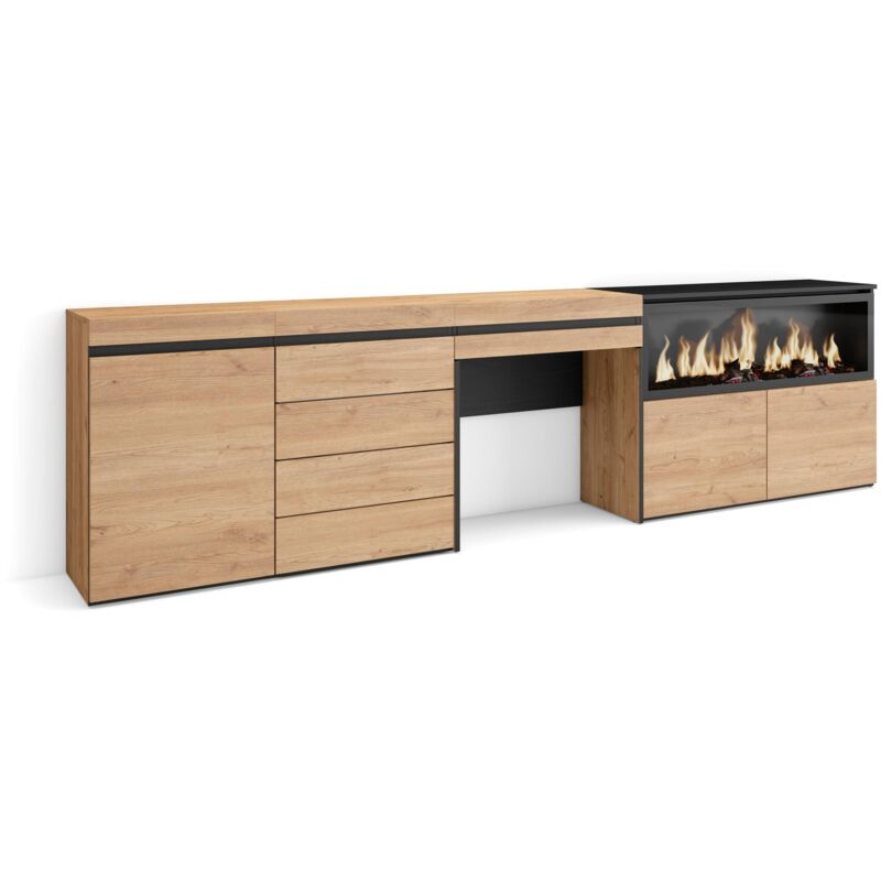 foto del prodotto tavolo da toeletta, tavolo da trucco, stoccaggio, 284x75x35 cm, con cassetto, camino elettrico xxl, cassettiera, stile moderno, rovere skraut home