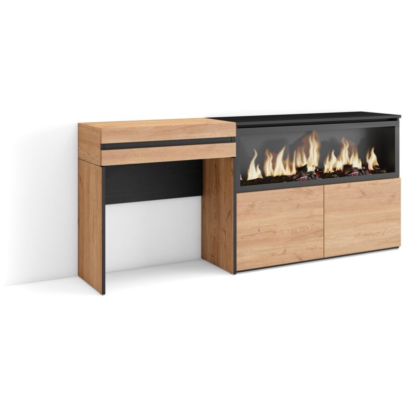 foto del prodotto tavolo da toeletta, tavolo da trucco, stoccaggio, 177x75x35 cm, con cassetto, camino elettrico xxl, stile moderno, rovere skraut home