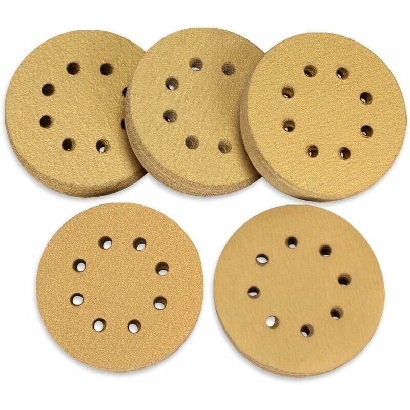 foto del prodotto 100 pezzi 125mm dischi abrasivi con gancio e passante 60 80 120 150 220 grana 8 fori assortiti per levigatrice orbitale casuale