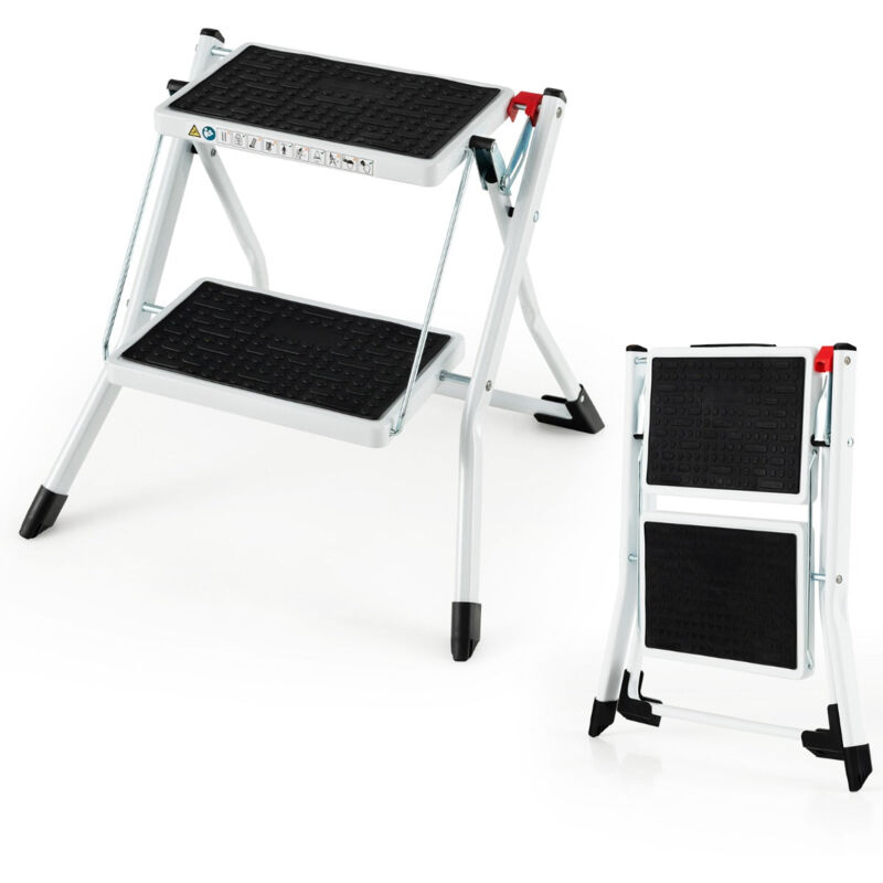 foto del prodotto sgabello 2 gradini larghi struttura piegata in metallo pesante pedale antiscivolo 50 x 49 x 45 cm portata 150 kg nero bianco