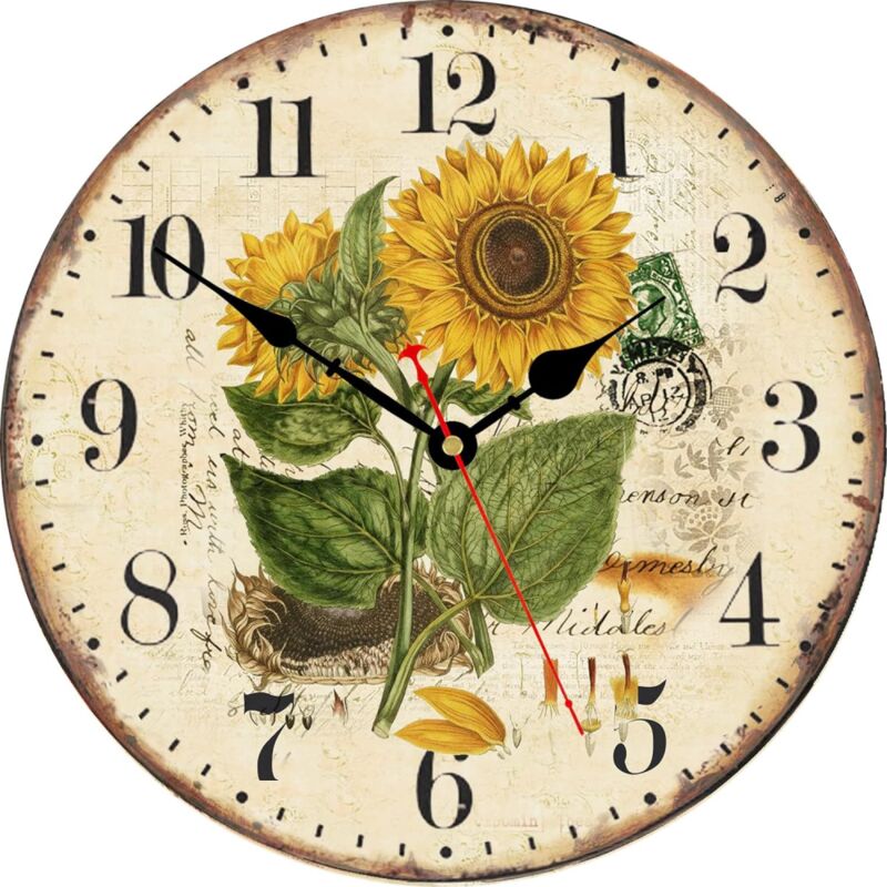 foto del prodotto gotrays orologio da parete con girasole da 34 cm, orologi vintage floreali silenziosi senza ticchettio, orologi da parete rotondi in legno facili