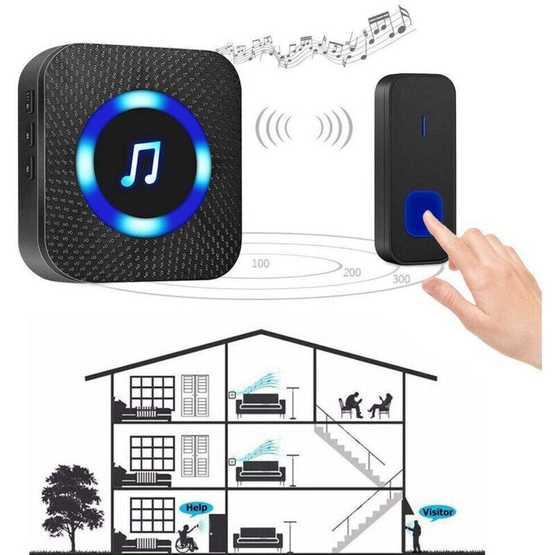 foto del prodotto snq campanello senza fili, campanello elettronico impermeabile ip55 da 300 m, 55 melodie a 5 livelli di volume, led blu nero