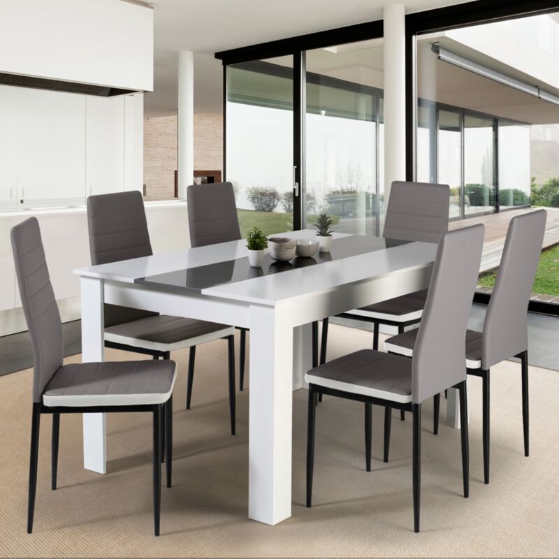 foto del prodotto tavolo da pranzo georgia 140 cm bianco e grigio e 6 sedie romane grigie con bordo bianco