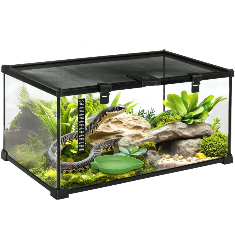 foto del prodotto giordanoshop terrario per rettili rialzato 50x30x25 cm con serratura e termometro in vetro e rete metallica nero