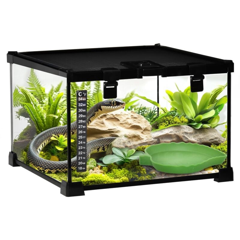 foto del prodotto terrario per rettili 30x30x20 cm rialzato con serratura e termometro in vetro e rete metallica nero