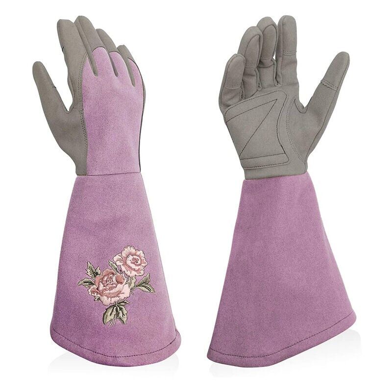 foto del prodotto snq guanti da giardinaggio in pelle da donna, manica lunga, resistenti alle coltellate, eleganti guanti da giardinaggio per donna, ricamo delicato,