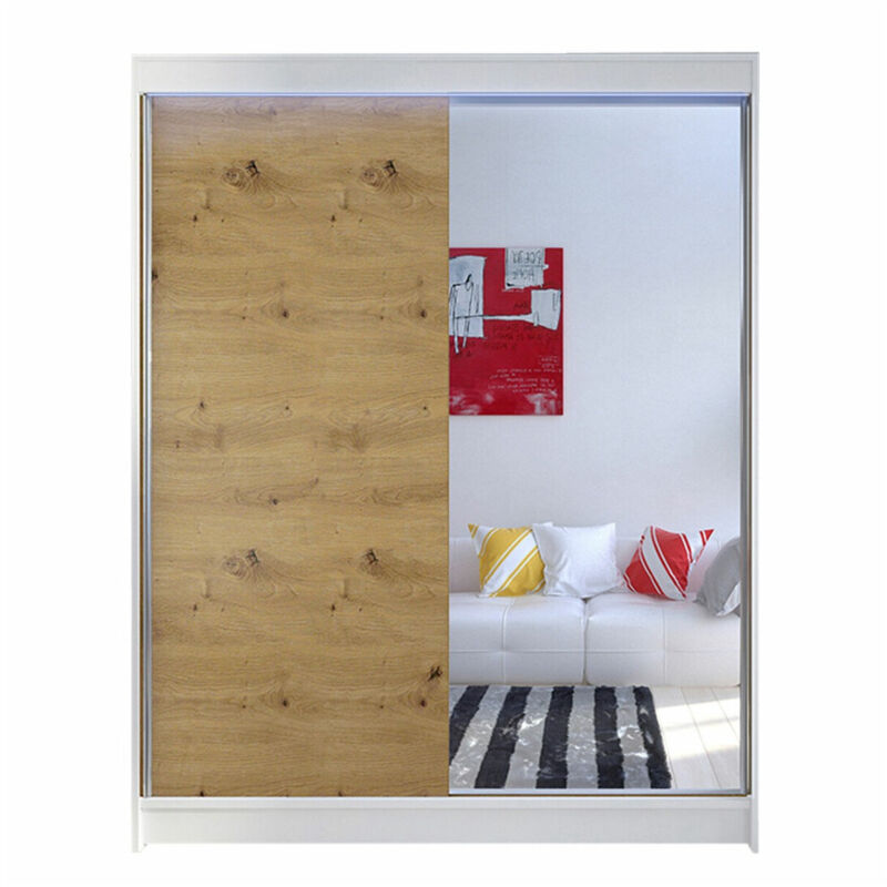foto del prodotto guardaroba atlanta 140, bianco rovere artisan, 200x150x58cm, porte guardaroba scorrevole, led bianco rovere artisan