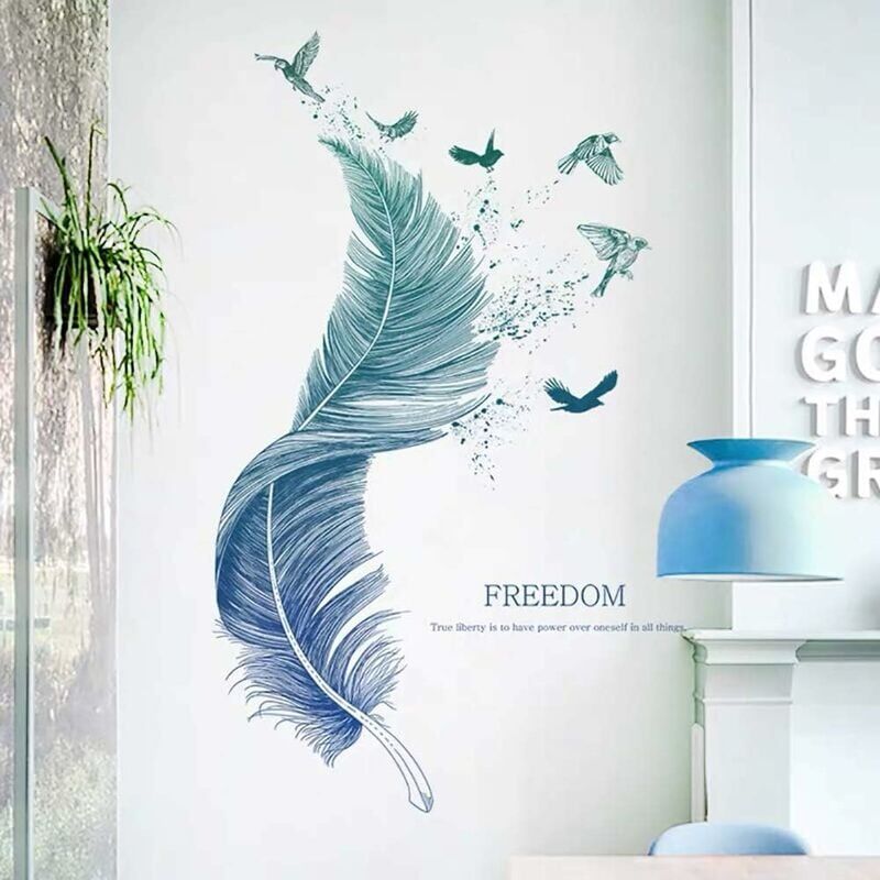 foto del prodotto snq adesivi murali piume in blu 124 72 cm i adesivo murale decorativo uccelli poster moderno i decorazione per soggiorno camera da letto cucina