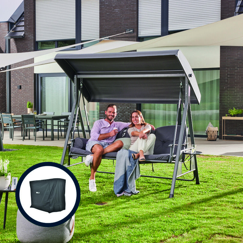 foto del prodotto dondolo da veranda a 3 posti descanso 115 x 198 cm grigio con copertura colore grigio, dotato di copertura antipioggia home deluxe