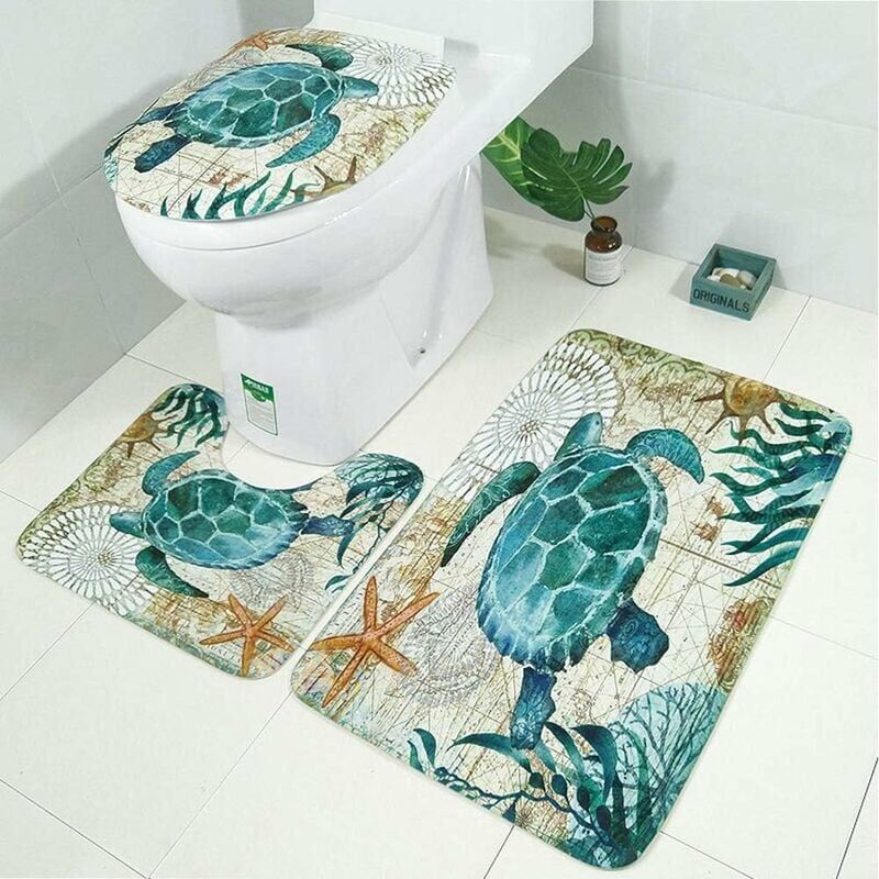 foto del prodotto snq tappetino da bagno antiscivolo morbido con stampa di animali marini, set da bagno da 3 pezzi, tappeto sagomato, copriwater, copriwater con