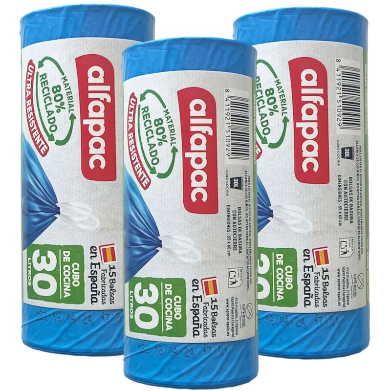 foto del prodotto alfapac 3 rotoli da 15 sacchetti per immondizia richiudibili lavanda , 80 riciclato, 30l
