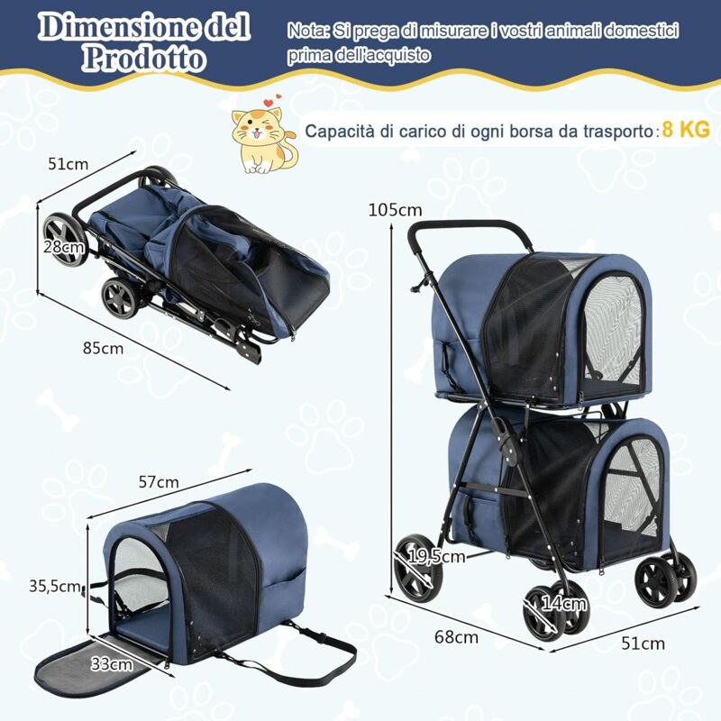 foto del prodotto goplus passeggino animali domestici, doppio cestini e porta, pet trolley pieghevole, trasportino smontabile, ruote posteriori con freno, carico di