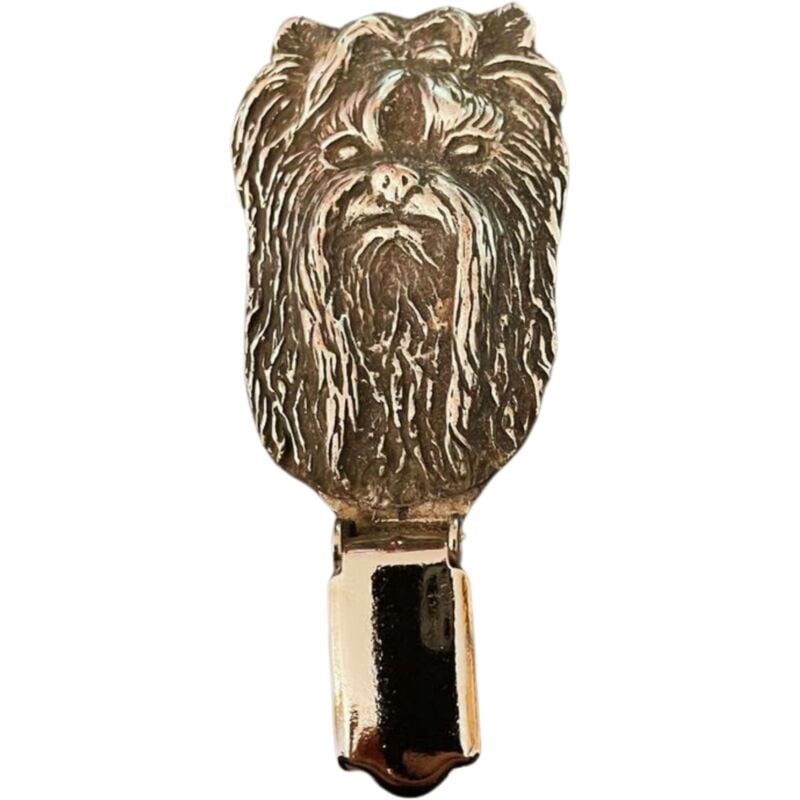 foto del prodotto yorkshire terrier, york, york, yorkie spilla con clip, porta numero di partenza, distintivo argentato per esposizioni canine di art dog