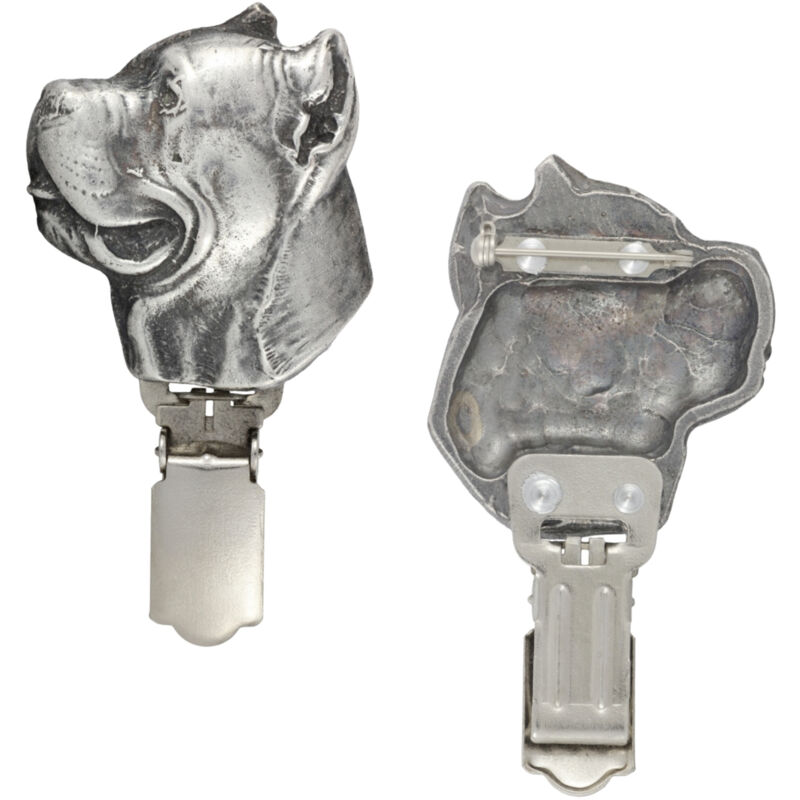 foto del prodotto cane corso italiano spilla con clip, porta numero di partenza, distintivo argentato per esposizioni canine di art dog
