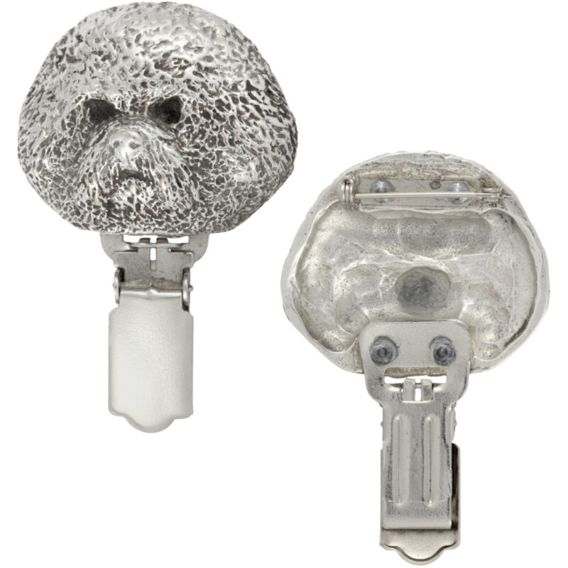 foto del prodotto bichon frise, cane di tenerife spilla con clip, porta numero di partenza, distintivo argentato per esposizione canina di art dog