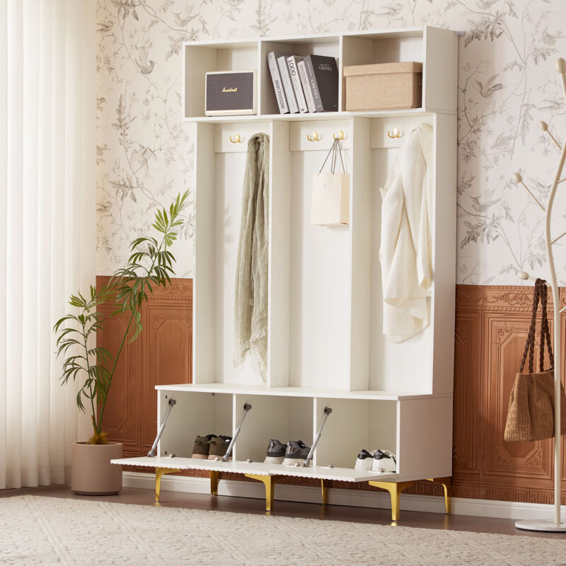 foto del prodotto mobili per scarpe 120x23,5x191,5cm con 3 ante 6 ganci dorati, multifunzionale, soggiorno ingresso camera da letto, pannello truciolare, bianco modfu