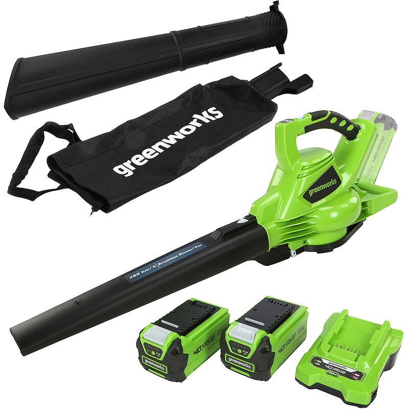 foto del prodotto 40v aspiratore soffiatore a batteria per foglie, motore brushless, 280km h, 9,63m min, sacco di raccolta da 45l, due batterie 2ah e caricabatterie,