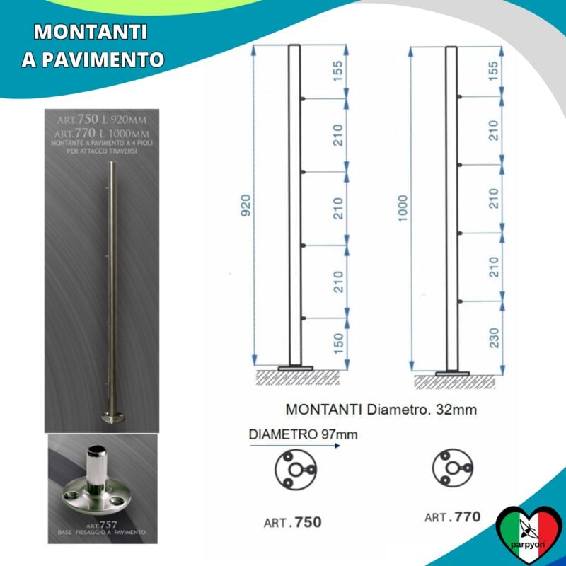 foto del prodotto montante per ringhiera fissaggio pavimento cm 92