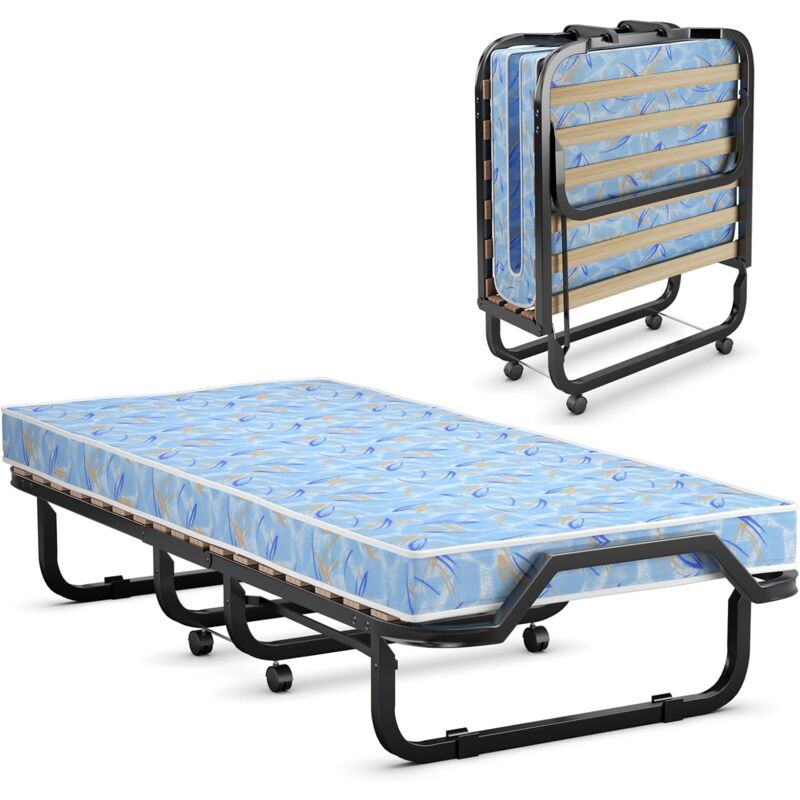 foto del prodotto brandina pieghevole con materasso 10 cm, 200 x 90 x 41 cm, a 17 doghe, materasso memory, carico 120 kg, made in italy blu goplus