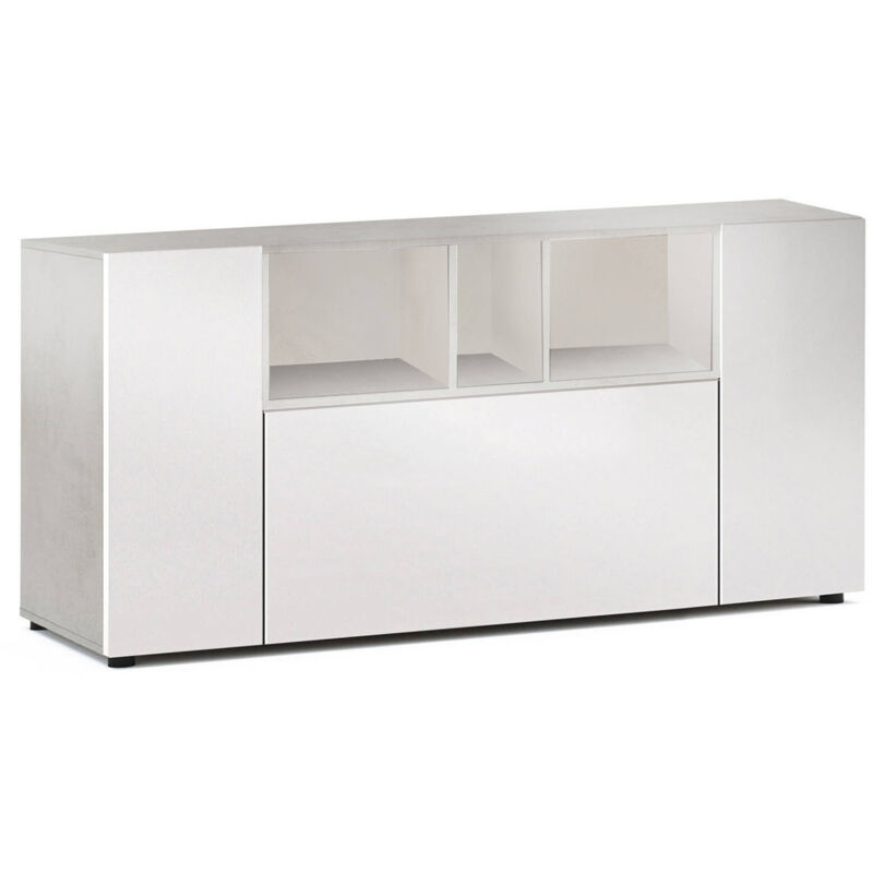 foto del prodotto credenza, madia moderna a 3 ante, buffet da soggiorno con scomparti, madia da salotto, mobile porta tv, cm 150x41h76, bianco e cemento