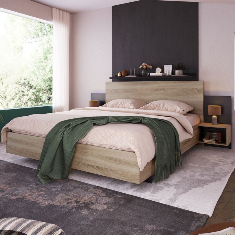 foto del prodotto letti matrimoniali per adulti 160x200cm, testiera allungata con 2 comodini, legno, senza materasso, grigio scuro naturale