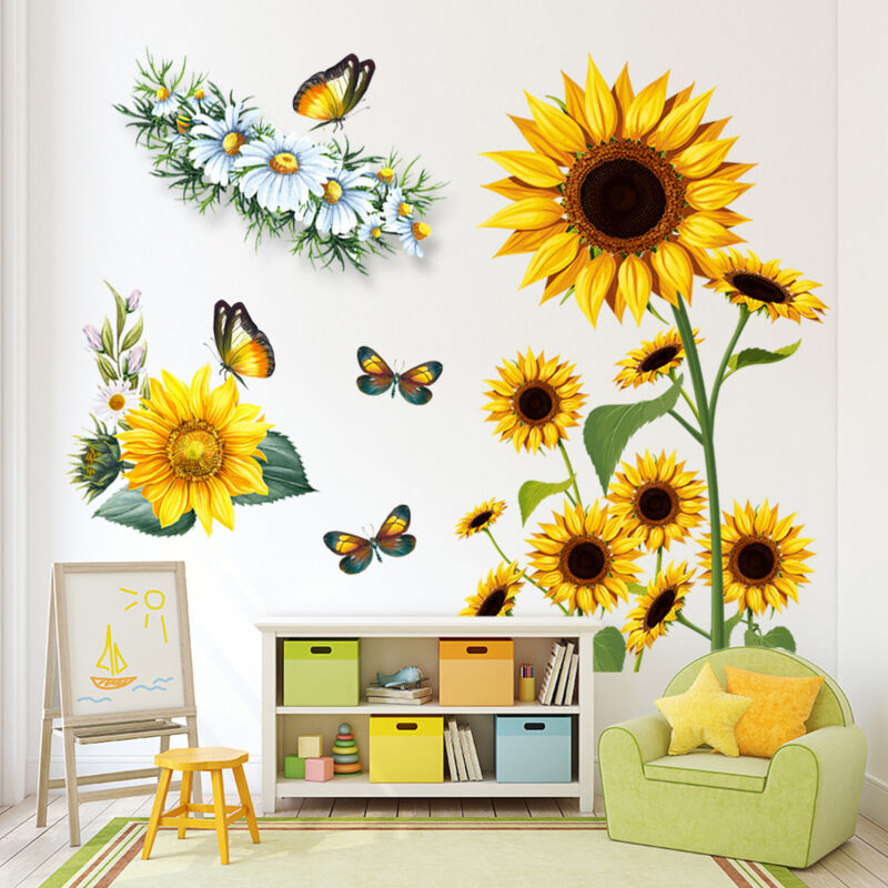 foto del prodotto bebusingoto adesivi murali girasole 3d con farfalle gialle e fiori, decorazione murale, adesivi in vinile rimovibili e impermeabili per soggiorno,