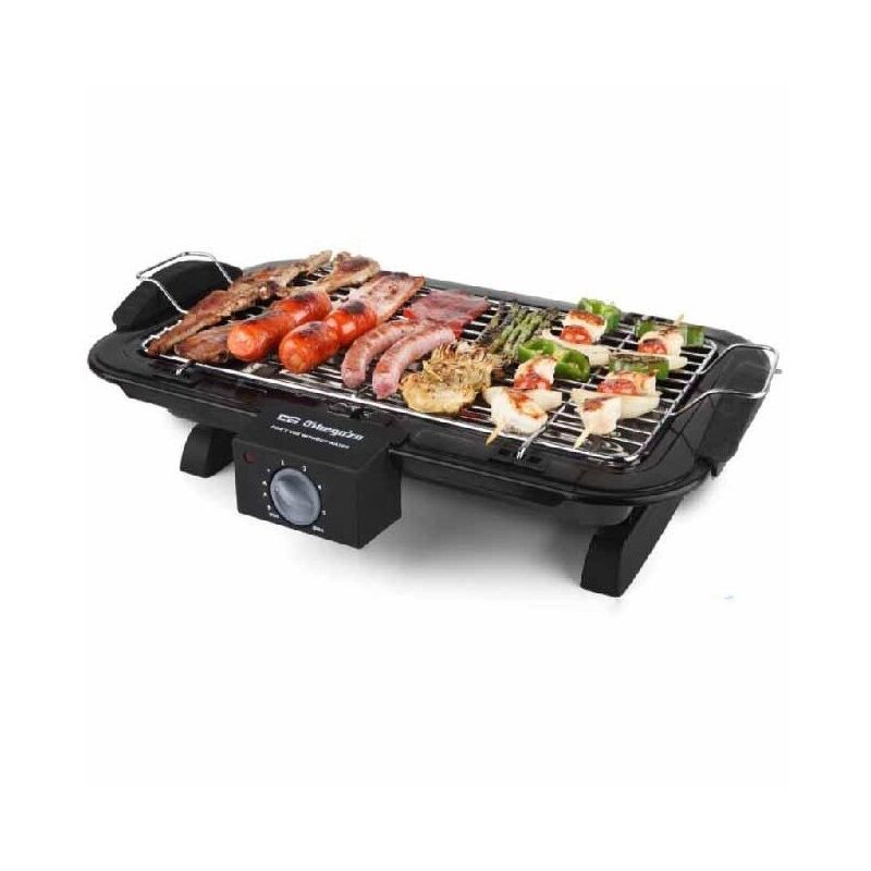 foto del prodotto suinga barbecue elettrico da tavolo orbegozo. dimensioni griglia 39x21,5 cm. potenza 2200w.