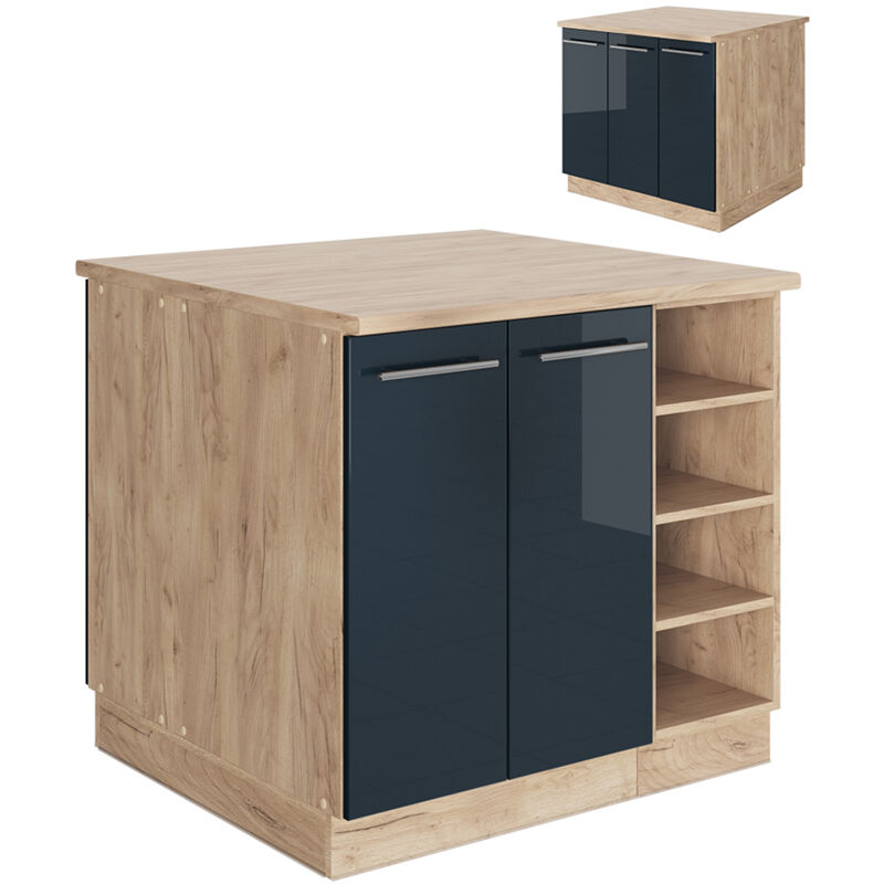 foto del prodotto isola cucina fame line, blu scuro lucido rovere dorato, 90 cm senza piano di lavoro vicco