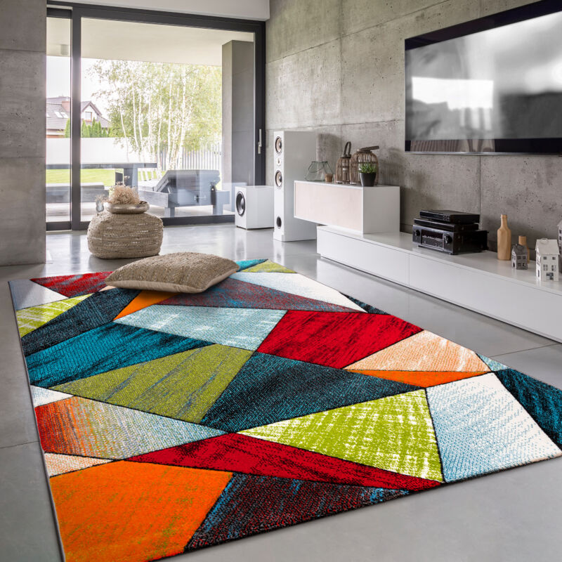 foto del prodotto paco home tappeto salotto moderno soggiorno pelo corto motivo geometrico vintage rombi design verde rosso blu 80x150 cm