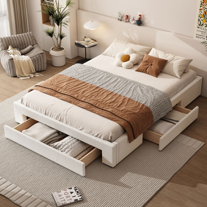 foto del prodotto letto matrimoniale, letto adulto letto piano, 3 cassetti portaoggetti, senza testiera 160x200 cm, beige