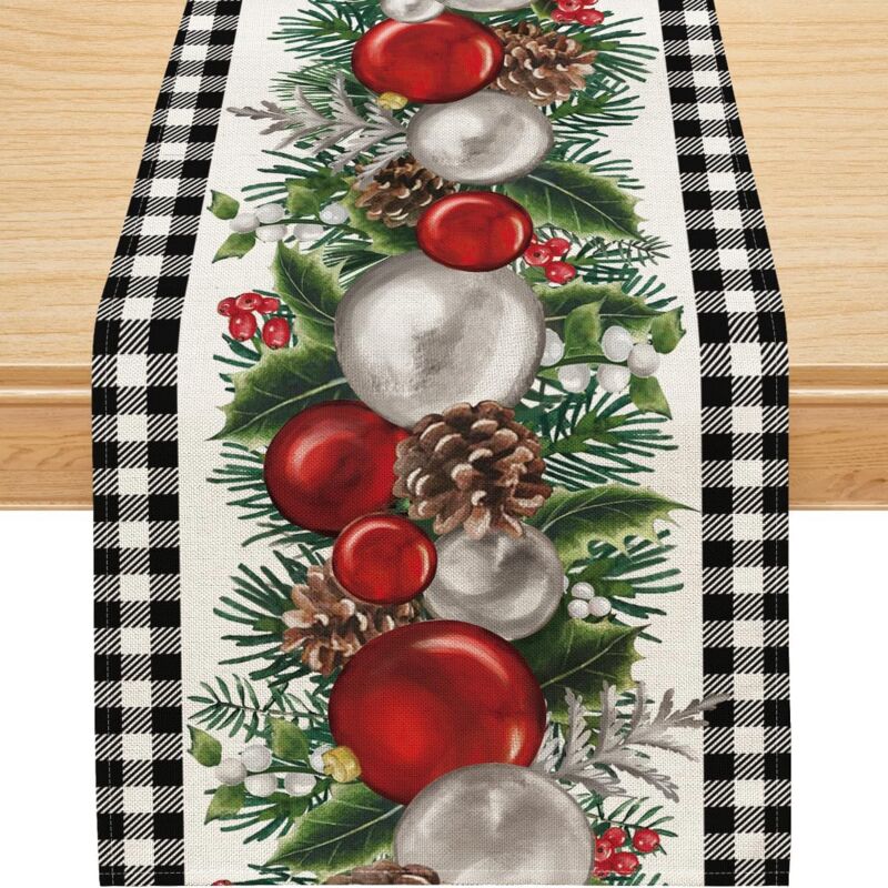 foto del prodotto cyslmuk decorazioni natalizie a forma di palla di natale buffalo plaid, runner da tavola natalizio, decorazioni invernali stagionali per tavoli da