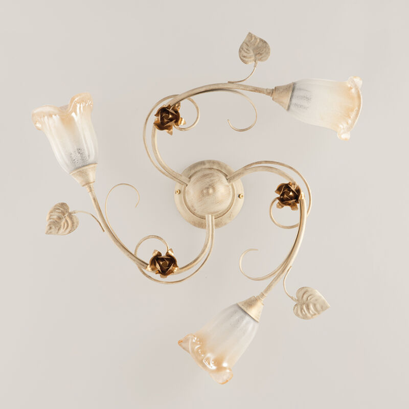 foto del prodotto plafoniera classica arte povera 3 luci ferro battuto avorio e oro serie cestino