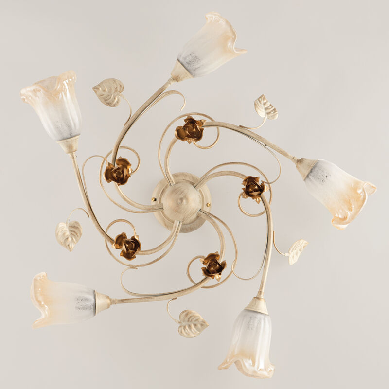 foto del prodotto plafoniera classica arte povera 5 luci ferro battuto avorio e oro serie cestino