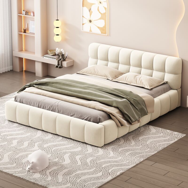 foto del prodotto letto matrimoniale 140x190 cm, tessuto, giroletto con testiera, schienale morbido, rete a doghe, stile contemporaneo, letto per adulti, letto