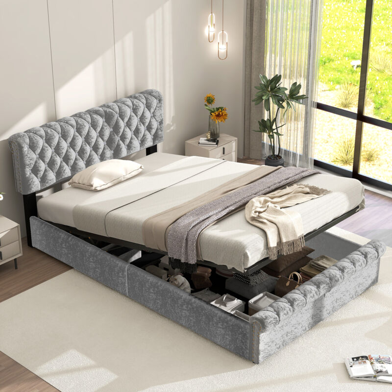 foto del prodotto letti contenitori 90x200cm letti adulto bambino, testiera regolabile in altezza, velluto, senza materasso, letti singoli, grigio