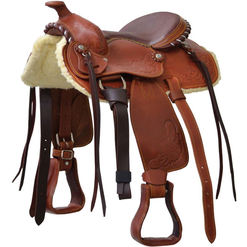 foto del prodotto sella western pony completa di sottopancia, cuoio ingrassato, lavorazione flower, seggio scamosciato 8 , marrone