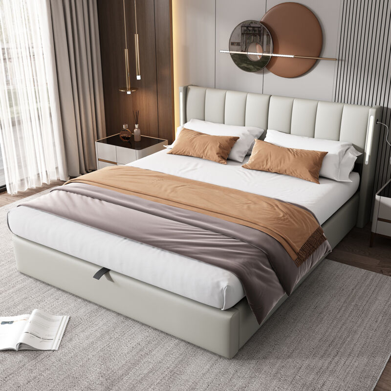 foto del prodotto letti contenitori, letto imbottito idraulico per adulti, usb, led, testiera regolabile, senza materasso, pu, 160x200 cm, grigio